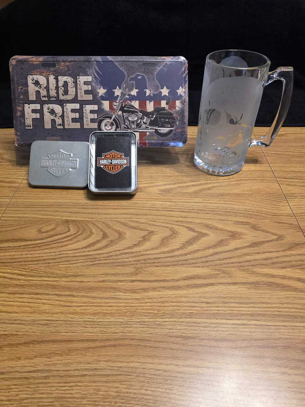 Harley-Davidson Playing Card Tin Set & Etched Skull Beer Mug & Ride Free License
